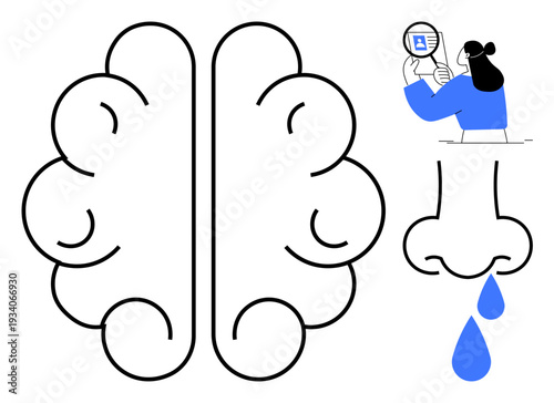 Brain concept. Brain symbolism showing cognitive function with abstract visuals of human nose and sensory exploration. Brain for health, education, neuroscience, psychology, medicine