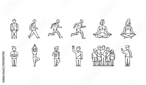 A set of minimalist line art illustrations depicting people in various yoga and exercise poses
