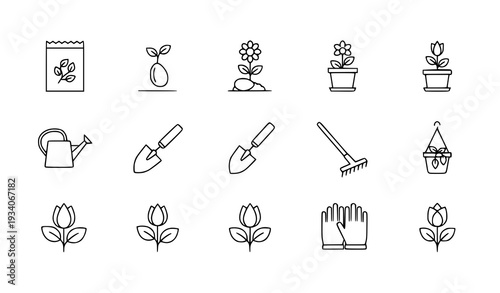 A set of minimalist gardening icons and tools in a flat design style