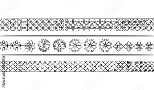 A set of intricate floral border designs in a minimalist black and white style