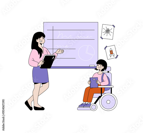 Teacher with Student in Wheelchair Vector Illustration