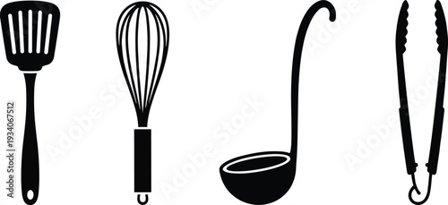 Professional black kitchen utensil silhouette set featuring spatula, whisk, ladle, and tongs for culinary branding, restaurant menu design, home cooking, and food preparation vector graphics.