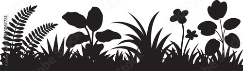 Black silhouette of various plants and flowers on white background