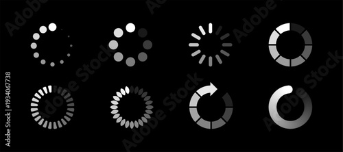 Minimalist collection of eight different circular loading buffering icon styles for digital UI UX dark mode interface design.