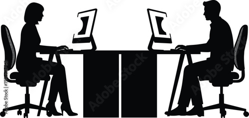Professional silhouette of a man and woman working on computers at a modern office desk for corporate business, technology, coworking, and remote workspace vector.