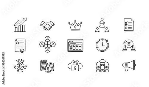 A set of business icons in a flat line art style