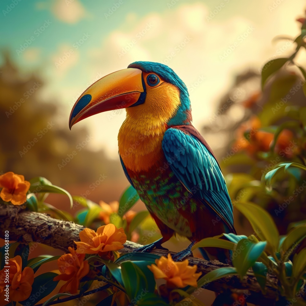 Fototapeta premium A colorful bird with a blue head