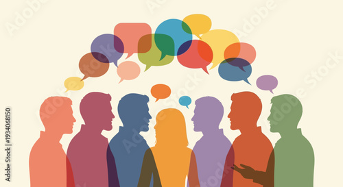 Diverse People Communicating with Colorful Speech Bubbles: Global Discussion, Idea Exchange & Social Interaction