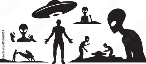 Black silhouettes of aliens and humans interacting under a U F O