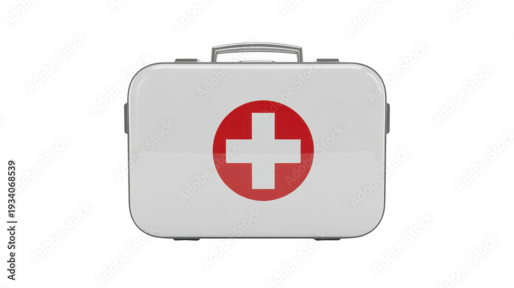 Obraz premium First aid kit in modern design with red cross symbol on white background for medical emergency