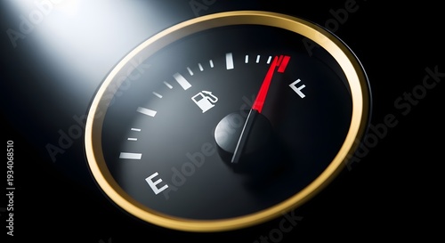 Close-up of a fuel gauge indicating full tank with bright lighting