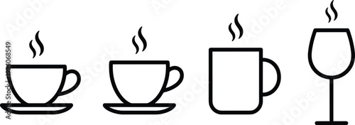 Set of coffee cup, mug, and wine glass line icons with steam for cafe menu design, kitchen decor, beverage branding, and restaurant vector illustrations.