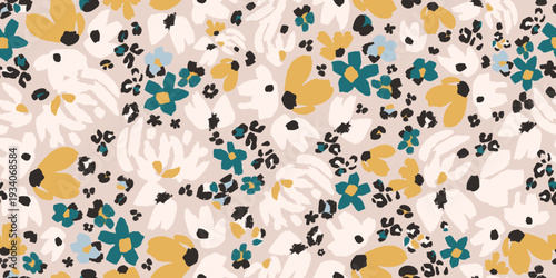 A sophisticated seamless vector pattern blending abstract flowers, organic shapes, and leopard-inspired spots in teal, mustard, cream, black, and soft beige