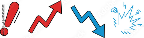 Red and blue zigzag arrows with exclamation mark and lightning symbol