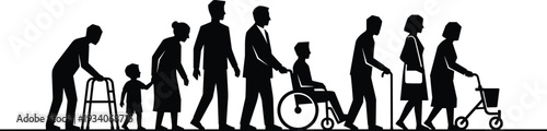Silhouette illustration showing diverse stages of human life and mobility, including elderly with walker, child, adult, wheelchair support, cane, rollator, accessibility, aging journey