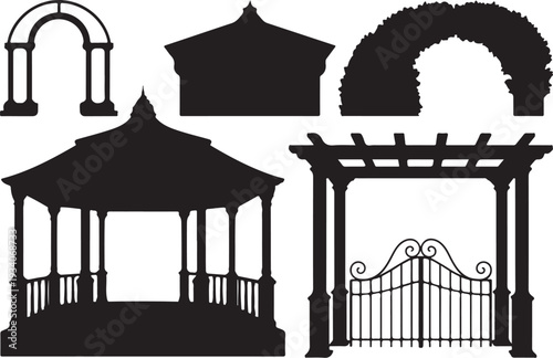 Black silhouettes of gazebo pergola and gate structures