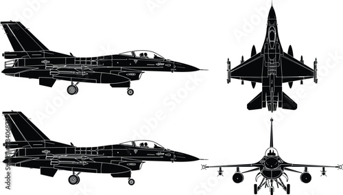 Fighter jet silhouette vector set, military aircraft top side front view isolated on white background, aviation defense illustration design