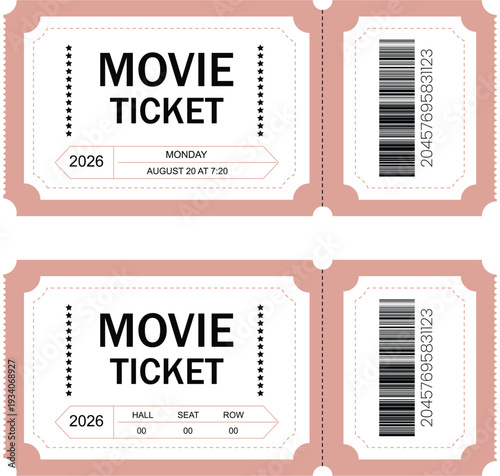 Vintage Movie Ticket Template with Barcode and Seat Information – Retro Cinema Admission Pass Vector