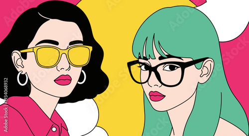 Vibrant Pop Art Portrait: Stylish Women in Sunglasses and Glasses with Bold Colors and Modern Flair