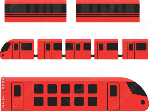 Modern red train vector illustration set, subway metro carriage side view isolated on white background, public transport design collection