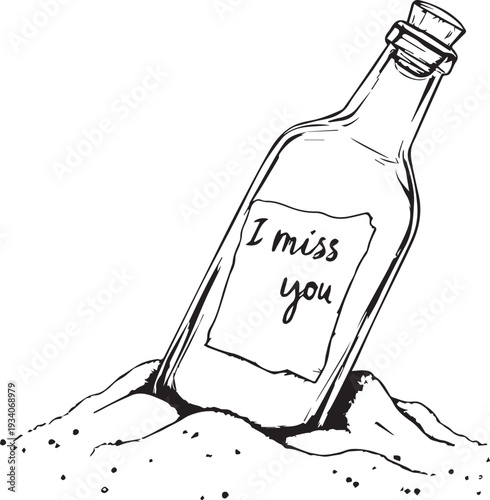 Message in a bottle with note saying I miss you emotional longing communication distance silhouette illustration vector design