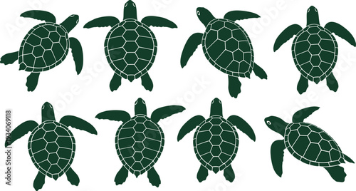 Sea turtle silhouette collection vector set, marine reptile top view isolated on white background, ocean wildlife illustration design
