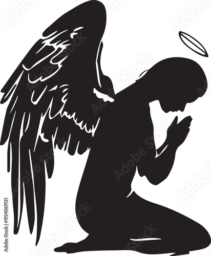 Kneeling angel silhouette with wings and halo praying spirituality devotion divine presence celestial illustration vector design