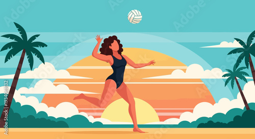 Active Woman Playing Beach Volleyball on a Vibrant Tropical Sunset Beach - Summer Sports and Vacation Fun Illustration
