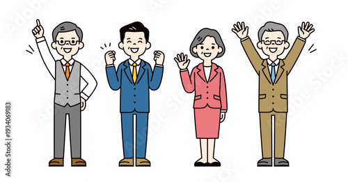 元気にポーズをとる、スーツを着たシニア世代の男性と女性の全身ベクターイラスト素材セット