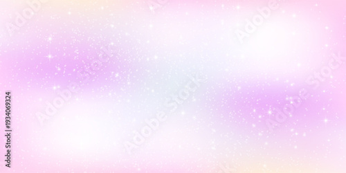 Rainbow unicorn background with glitter star, sky cloud and bokeh light. Holographic space wallpaper. Fairy tale iridescent gradient backdrop for mermaid or kawaii. Cute candy or birthday party banner
