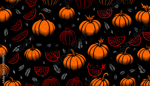 halloween pumpkins and pomegranate seamless pattern vector background