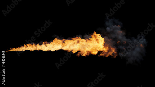 Isolated Fiery burst of flames with a trail of smoke emanating from the left side on a black background