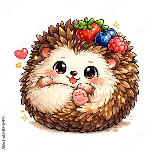 kawaii hedgehog, cute hedgehog, chibi hedgehog, fruity crown, fruit headpiece, kawaii illustration, pastel colors, soft tones, whimsical, playful, sweet, charming, joyful, cheerful, digital illustrati
