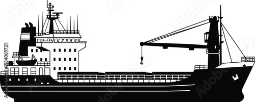 Cargo ship with onboard crane silhouette, industrial maritime freight vessel for port transport and shipping logistics black vector illustration isolated