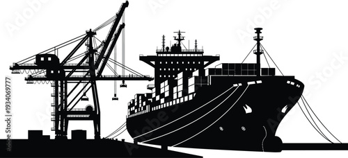 Container ship at port crane silhouette, industrial harbor cargo loading terminal with maritime freight vessel and dockside machinery black vector illustration