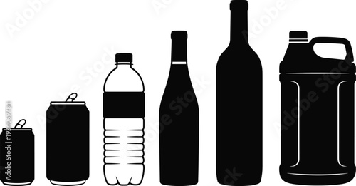 Beverage container silhouettes set, aluminum cans plastic bottles and gallon jug vector illustration collection