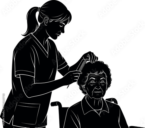 Female Caregiver Combing Hair of Elderly Woman in Wheelchair Silhouette; Nursing Assistant (CNA) Providing Geriatric Care and Personal Hygiene Support for Senior Patient.