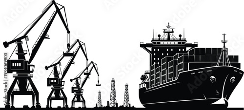 Container ship and harbor cranes silhouette, industrial port cargo loading scene with offshore oil rigs, maritime shipping logistics black vector illustration isolated
