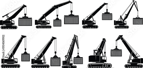 Crawler crane silhouettes lifting containers set, heavy construction machinery with tracked boom cranes handling cargo, industrial engineering equipment black vector illustration
