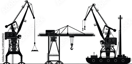 Harbor crane silhouette vector, industrial dockside lifting machinery with cargo ship and tower crane, maritime construction shipping equipment black illustration isolated