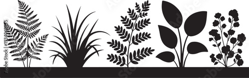 Black silhouettes of various plants on white background