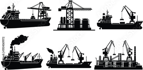 Industrial cargo ship and harbor crane silhouettes set, maritime shipping vessels with dockside loading equipment and factory plant black vector illustration