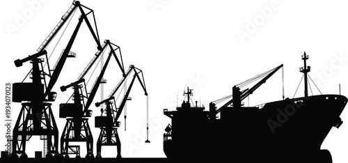 Silhouette cargo ship docked at industrial harbor with towering cranes, maritime freight loading operations and global shipping logistics transportation concept illustration