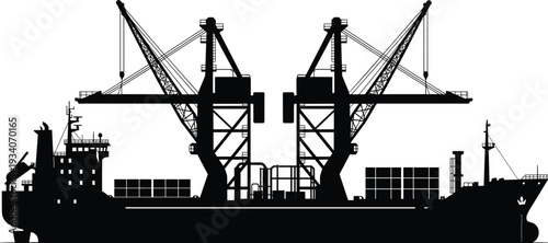 Silhouette container cargo ship with twin deck cranes at industrial port, maritime freight transportation and global shipping logistics concept illustration