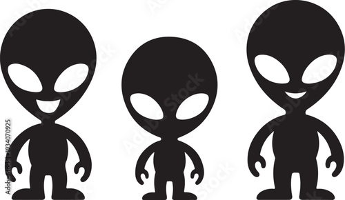 Three black cartoon aliens with white eyes on white background