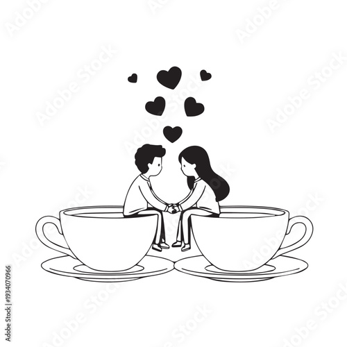 Couple Sharing a Tender Moment Together Over Teacups with Floating Hearts.