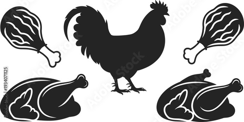 Chicken and meat silhouettes set, rooster poultry drumstick and whole roasted carcass vector illustration collection for butcher design