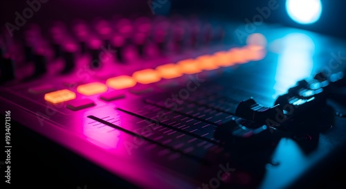 Close-up of a soundboard with illuminated buttons and faders in a dark room with colorful lighting.