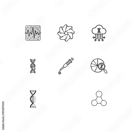 Bioinformatics and genetic data analysis linear icon set, DNA sequencing, molecular modeling and genomic research vector symbols