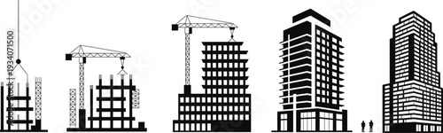 Construction site and modern skyscraper silhouettes collection, urban development vector illustration isolated on white backgroundConstruction site and modern skyscraper silhouettes collection 